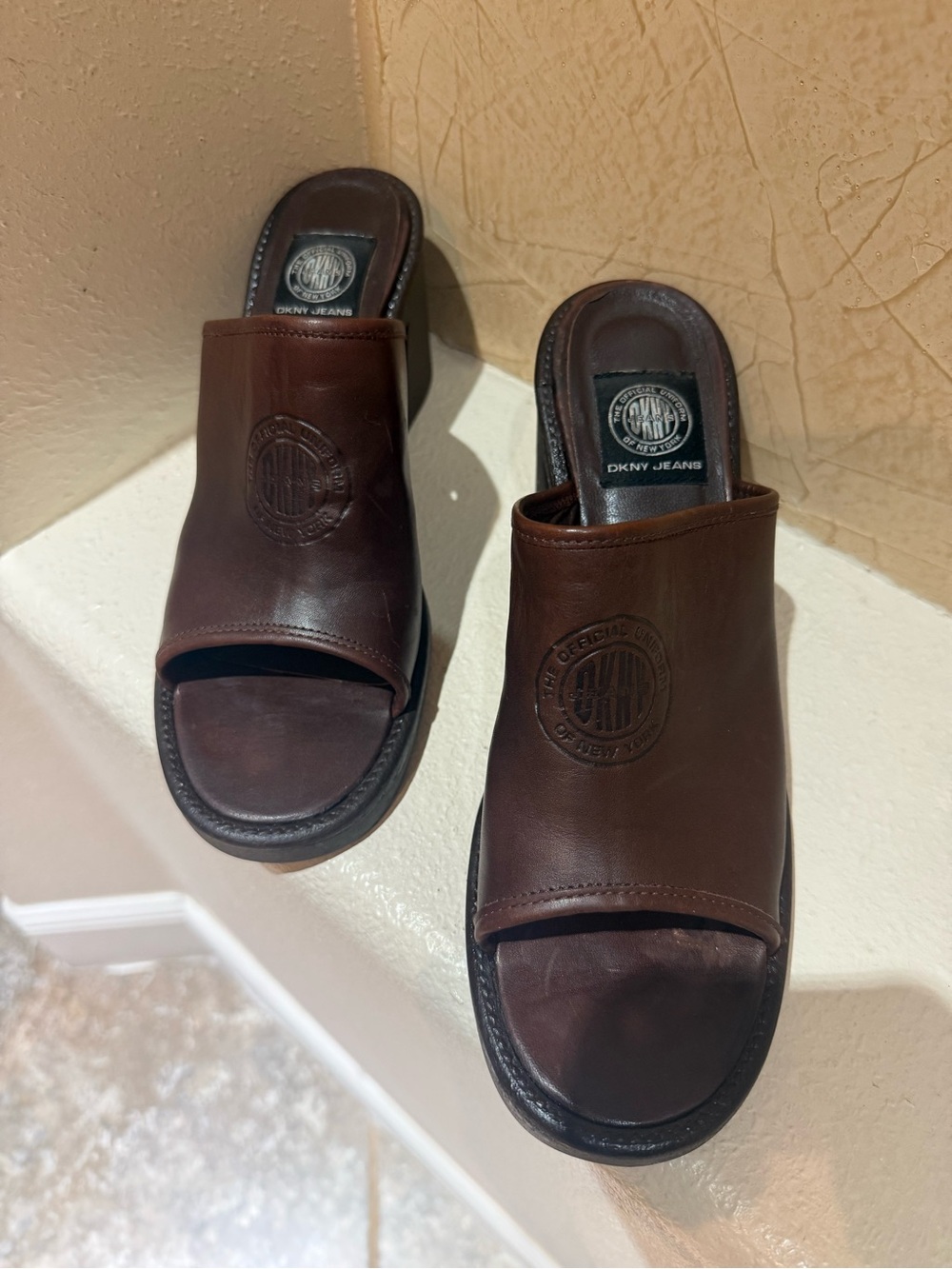 DKNY Brown Leather Slide Sandals with Embossed Logo